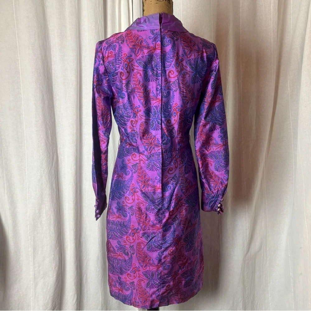 Vintage Jarin Thai Silk President Hotel Midi Dress Purple Blue Print Sz Small 8 - Picture 2 of 8